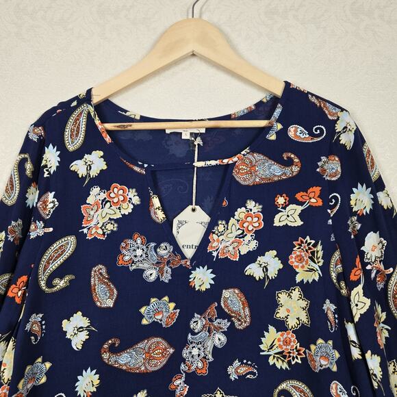 Entro Pom Pom Tunic Top sz L Blue Multicolor Paisley Floral Layered Boho Fairy - Picture 3 of 16